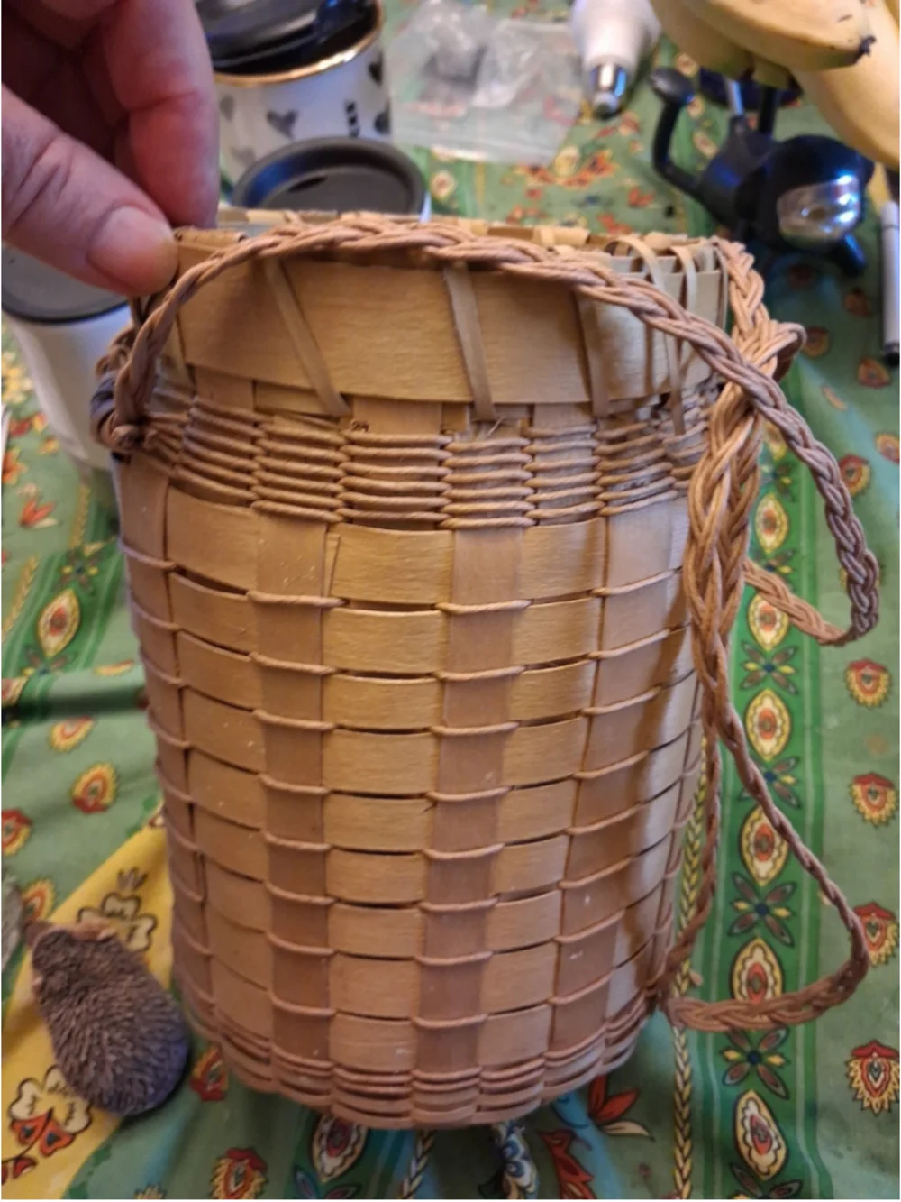 Ash splint and braided sweet grass yarn basket w braided handles New England